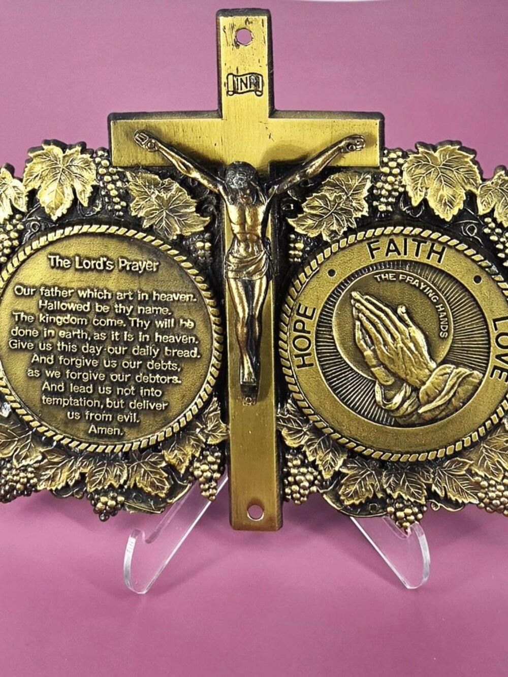 Antique Brass VTG Christian Crucifix Lord's Prayer Praying Hands Wall Plaque 9"L